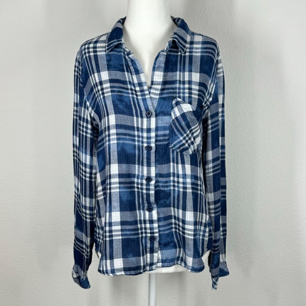 Bella Dahl Blue Plaid Shirt Button Up Size Small Collared Boho